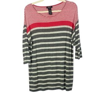 Olsen Chic Red Gray White Striped Round Neck 3/4 Sleeve XL Pullover Tunic Top